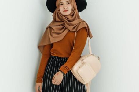 Fashion - Woman in Brown Long-sleeved Shirt and Brown Hijab Headdress With Beige Leather Backpack