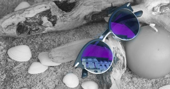Trendy Accessories - Neo Chrome Sunglasses With Silver and Black Frame on Brown Firewood